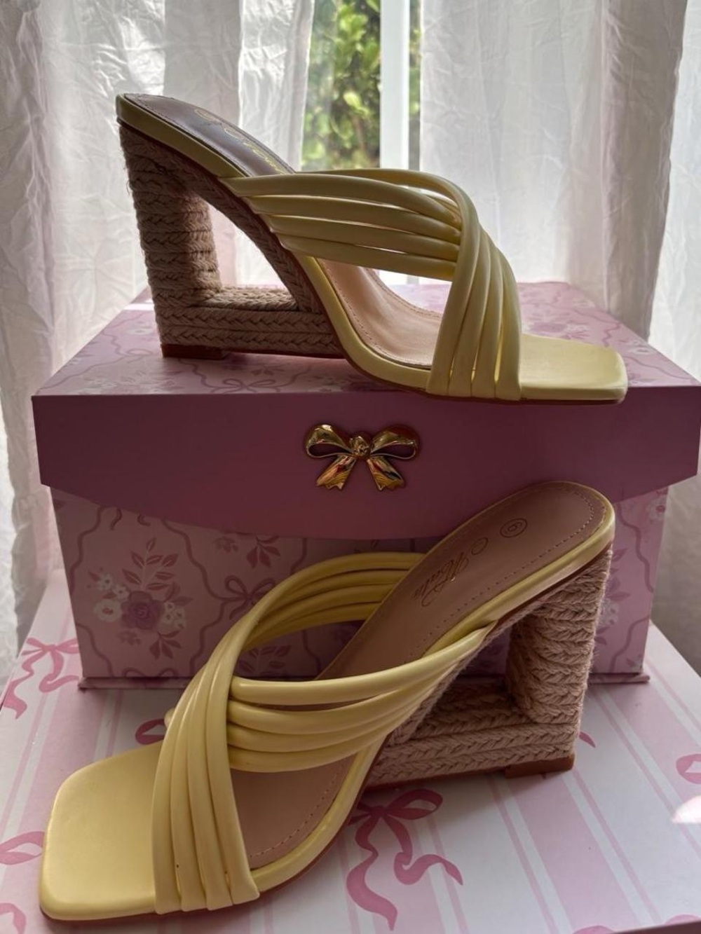 NWOT Fashion Nova size 6 pastel yellow wedge sandals with criss-cross straps